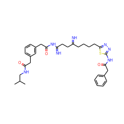 CC(C)CNC(=O)Cc1cccc(CC(=O)NC(=N)CCC(=N)CCCCc2nnc(NC(=O)Cc3ccccc3)s2)c1 ZINC000169698435