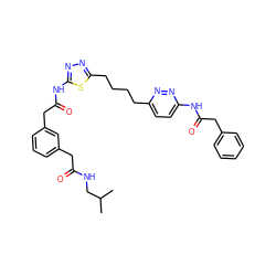 CC(C)CNC(=O)Cc1cccc(CC(=O)Nc2nnc(CCCCc3ccc(NC(=O)Cc4ccccc4)nn3)s2)c1 ZINC000169698384