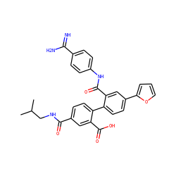 CC(C)CNC(=O)c1ccc(-c2ccc(-c3ccco3)cc2C(=O)Nc2ccc(C(=N)N)cc2)c(C(=O)O)c1 ZINC000040980000