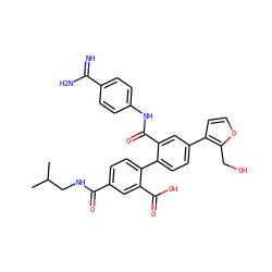 CC(C)CNC(=O)c1ccc(-c2ccc(-c3ccoc3CO)cc2C(=O)Nc2ccc(C(=N)N)cc2)c(C(=O)O)c1 ZINC000042834749