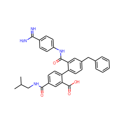 CC(C)CNC(=O)c1ccc(-c2ccc(Cc3ccccc3)cc2C(=O)Nc2ccc(C(=N)N)cc2)c(C(=O)O)c1 ZINC000042891964