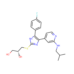 CC(C)CNc1cc(-c2nc(SC[C@H](O)CO)[nH]c2-c2ccc(F)cc2)ccn1 ZINC000040392968