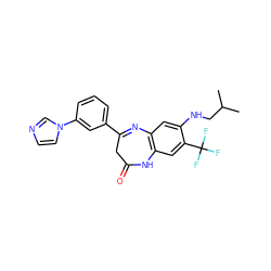 CC(C)CNc1cc2c(cc1C(F)(F)F)NC(=O)CC(c1cccc(-n3ccnc3)c1)=N2 ZINC000101149933