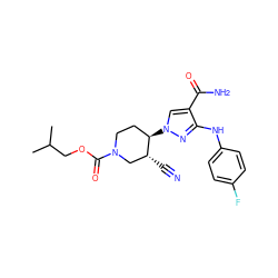 CC(C)COC(=O)N1CC[C@@H](n2cc(C(N)=O)c(Nc3ccc(F)cc3)n2)[C@H](C#N)C1 ZINC000220699431