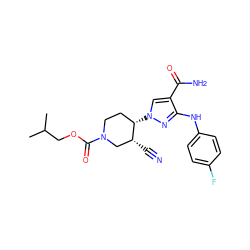 CC(C)COC(=O)N1CC[C@H](n2cc(C(N)=O)c(Nc3ccc(F)cc3)n2)[C@H](C#N)C1 ZINC000220699360