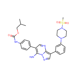 CC(C)COC(=O)Nc1ccc(-c2cnc3c(-c4cccc(N5CCN(S(C)(=O)=O)CC5)c4)cnn3c2N)cc1 ZINC000049777188