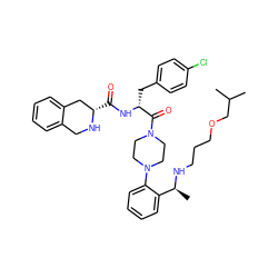 CC(C)COCCCN[C@@H](C)c1ccccc1N1CCN(C(=O)[C@@H](Cc2ccc(Cl)cc2)NC(=O)[C@H]2Cc3ccccc3CN2)CC1 ZINC000028345828