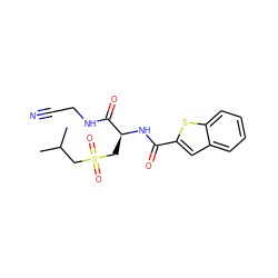 CC(C)CS(=O)(=O)C[C@H](NC(=O)c1cc2ccccc2s1)C(=O)NCC#N ZINC000095572965