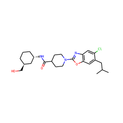 CC(C)Cc1cc2oc(N3CCC(C(=O)N[C@H]4CCC[C@H](CO)C4)CC3)nc2cc1Cl ZINC000096271068