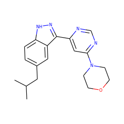 CC(C)Cc1ccc2[nH]nc(-c3cc(N4CCOCC4)ncn3)c2c1 ZINC000225529120