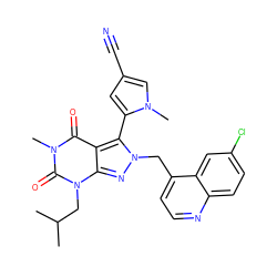 CC(C)Cn1c(=O)n(C)c(=O)c2c(-c3cc(C#N)cn3C)n(Cc3ccnc4ccc(Cl)cc34)nc21 ZINC000084730647