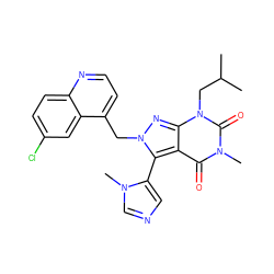 CC(C)Cn1c(=O)n(C)c(=O)c2c(-c3cncn3C)n(Cc3ccnc4ccc(Cl)cc34)nc21 ZINC000084730650