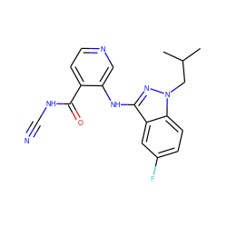 CC(C)Cn1nc(Nc2cnccc2C(=O)NC#N)c2cc(F)ccc21 ZINC000149812935