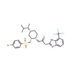 CC(C)N(C)[C@@H]1CC[C@H](NC(=O)Cc2nc3cccc(C(F)(F)F)c3[nH]2)[C@H](CS(=O)(=O)c2ccc(Br)cc2)C1 ZINC000084672297