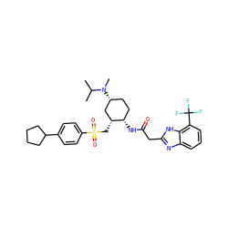 CC(C)N(C)[C@@H]1CC[C@H](NC(=O)Cc2nc3cccc(C(F)(F)F)c3[nH]2)[C@H](CS(=O)(=O)c2ccc(C3CCCC3)cc2)C1 ZINC000084690649