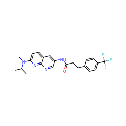 CC(C)N(C)c1ccc2cc(NC(=O)CCc3ccc(C(F)(F)F)cc3)cnc2n1 ZINC000040972750