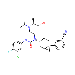 CC(C)N(CCN(C(=O)Nc1ccc(F)c(Cl)c1)[C@@H]1CC[C@]2(c3cccc(C#N)c3)C[C@@H]2C1)[C@@H](C)CO ZINC000028649996