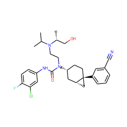 CC(C)N(CCN(C(=O)Nc1ccc(F)c(Cl)c1)[C@@H]1CC[C@]2(c3cccc(C#N)c3)C[C@@H]2C1)[C@H](C)CO ZINC000028649989