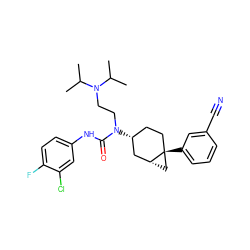 CC(C)N(CCN(C(=O)Nc1ccc(F)c(Cl)c1)[C@@H]1CC[C@]2(c3cccc(C#N)c3)C[C@@H]2C1)C(C)C ZINC000028649900