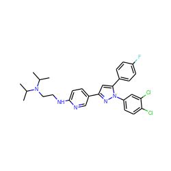 CC(C)N(CCNc1ccc(-c2cc(-c3ccc(F)cc3)n(-c3ccc(Cl)c(Cl)c3)n2)cn1)C(C)C ZINC000095592803