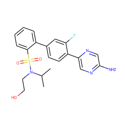 CC(C)N(CCO)S(=O)(=O)c1ccccc1-c1ccc(-c2cnc(N)cn2)c(F)c1 ZINC000212154548