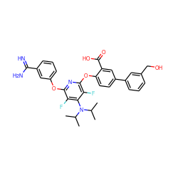 CC(C)N(c1c(F)c(Oc2cccc(C(=N)N)c2)nc(Oc2ccc(-c3cccc(CO)c3)cc2C(=O)O)c1F)C(C)C ZINC000028568912