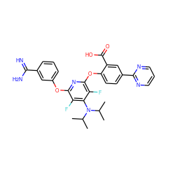 CC(C)N(c1c(F)c(Oc2cccc(C(=N)N)c2)nc(Oc2ccc(-c3ncccn3)cc2C(=O)O)c1F)C(C)C ZINC000028570292