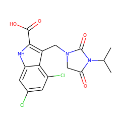 CC(C)N1C(=O)CN(Cc2c(C(=O)O)[nH]c3cc(Cl)cc(Cl)c23)C1=O ZINC000013492833