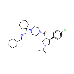 CC(C)N1C[C@H](c2ccc(Cl)cc2)[C@@H](C(=O)N2CCN(C3(CNCC4CCCCC4)CCCCC3)CC2)C1 ZINC000028953636