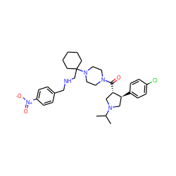 CC(C)N1C[C@H](c2ccc(Cl)cc2)[C@@H](C(=O)N2CCN(C3(CNCc4ccc([N+](=O)[O-])cc4)CCCCC3)CC2)C1 ZINC000028953986