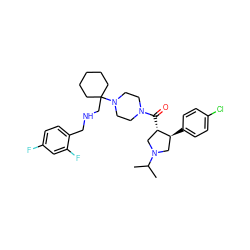 CC(C)N1C[C@H](c2ccc(Cl)cc2)[C@@H](C(=O)N2CCN(C3(CNCc4ccc(F)cc4F)CCCCC3)CC2)C1 ZINC000028954001