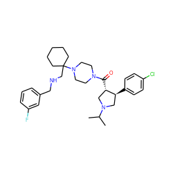 CC(C)N1C[C@H](c2ccc(Cl)cc2)[C@@H](C(=O)N2CCN(C3(CNCc4cccc(F)c4)CCCCC3)CC2)C1 ZINC000028953971