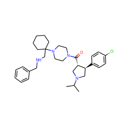 CC(C)N1C[C@H](c2ccc(Cl)cc2)[C@@H](C(=O)N2CCN(C3(CNCc4ccccc4)CCCCC3)CC2)C1 ZINC000028953696