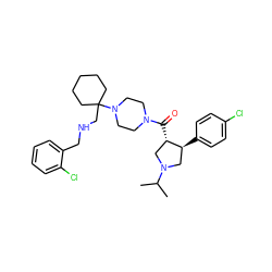 CC(C)N1C[C@H](c2ccc(Cl)cc2)[C@@H](C(=O)N2CCN(C3(CNCc4ccccc4Cl)CCCCC3)CC2)C1 ZINC000028953960