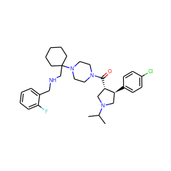 CC(C)N1C[C@H](c2ccc(Cl)cc2)[C@@H](C(=O)N2CCN(C3(CNCc4ccccc4F)CCCCC3)CC2)C1 ZINC000028953957