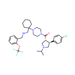 CC(C)N1C[C@H](c2ccc(Cl)cc2)[C@@H](C(=O)N2CCN(C3(CNCc4ccccc4OC(F)(F)F)CCCCC3)CC2)C1 ZINC000028953967