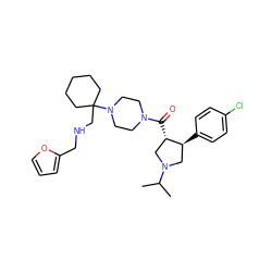 CC(C)N1C[C@H](c2ccc(Cl)cc2)[C@@H](C(=O)N2CCN(C3(CNCc4ccco4)CCCCC3)CC2)C1 ZINC000028953706