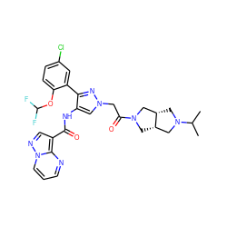 CC(C)N1C[C@H]2CN(C(=O)Cn3cc(NC(=O)c4cnn5cccnc45)c(-c4cc(Cl)ccc4OC(F)F)n3)C[C@H]2C1 ZINC001772593715