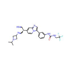 CC(C)N1CC(/N=C/[C@@H](C=N)c2ccn3c(-c4cccc(NC(=O)NCC(F)(F)F)c4)cnc3c2)C1 ZINC000169704608