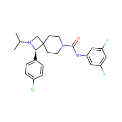 CC(C)N1CC2(CCN(C(=O)Nc3cc(F)cc(F)c3)CC2)[C@H]1c1ccc(Cl)cc1 ZINC000058626882