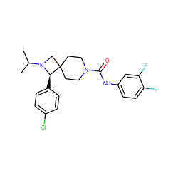 CC(C)N1CC2(CCN(C(=O)Nc3ccc(F)c(F)c3)CC2)[C@H]1c1ccc(Cl)cc1 ZINC000058502029