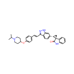 CC(C)N1CCC(Oc2ccc(/C=C/c3n[nH]c4cc([C@@H]5C[C@@]56C(=O)Nc5ccccc56)ccc34)cc2)CC1 ZINC000167386525