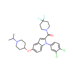 CC(C)N1CCC(Oc2ccc3c(c2)cc(C(=O)N2CCC(F)(F)CC2)n3-c2ccc(Cl)c(Cl)c2)CC1 ZINC000042890321