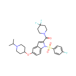 CC(C)N1CCC(Oc2ccc3c(c2)cc(C(=O)N2CCC(F)(F)CC2)n3S(=O)(=O)c2ccc(F)cc2)CC1 ZINC000042806812