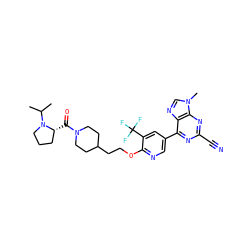 CC(C)N1CCC[C@H]1C(=O)N1CCC(CCOc2ncc(-c3nc(C#N)nc4c3ncn4C)cc2C(F)(F)F)CC1 ZINC001772645476