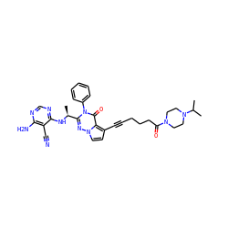 CC(C)N1CCN(C(=O)CCCC#Cc2ccn3nc([C@H](C)Nc4ncnc(N)c4C#N)n(-c4ccccc4)c(=O)c23)CC1 ZINC001772569958