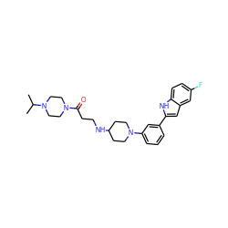 CC(C)N1CCN(C(=O)CCNC2CCN(c3cccc(-c4cc5cc(F)ccc5[nH]4)c3)CC2)CC1 ZINC000618009405