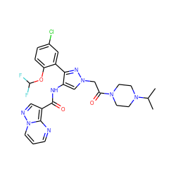 CC(C)N1CCN(C(=O)Cn2cc(NC(=O)c3cnn4cccnc34)c(-c3cc(Cl)ccc3OC(F)F)n2)CC1 ZINC001772611452