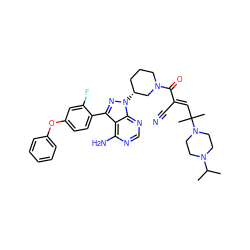 CC(C)N1CCN(C(C)(C)/C=C(\C#N)C(=O)N2CCC[C@@H](n3nc(-c4ccc(Oc5ccccc5)cc4F)c4c(N)ncnc43)C2)CC1 ZINC000207725838