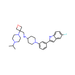 CC(C)N1CCN(C2(CNC3CCN(c4cccc(-c5cc6cc(F)ccc6[nH]5)c4)CC3)COC2)CC1 ZINC000618009486